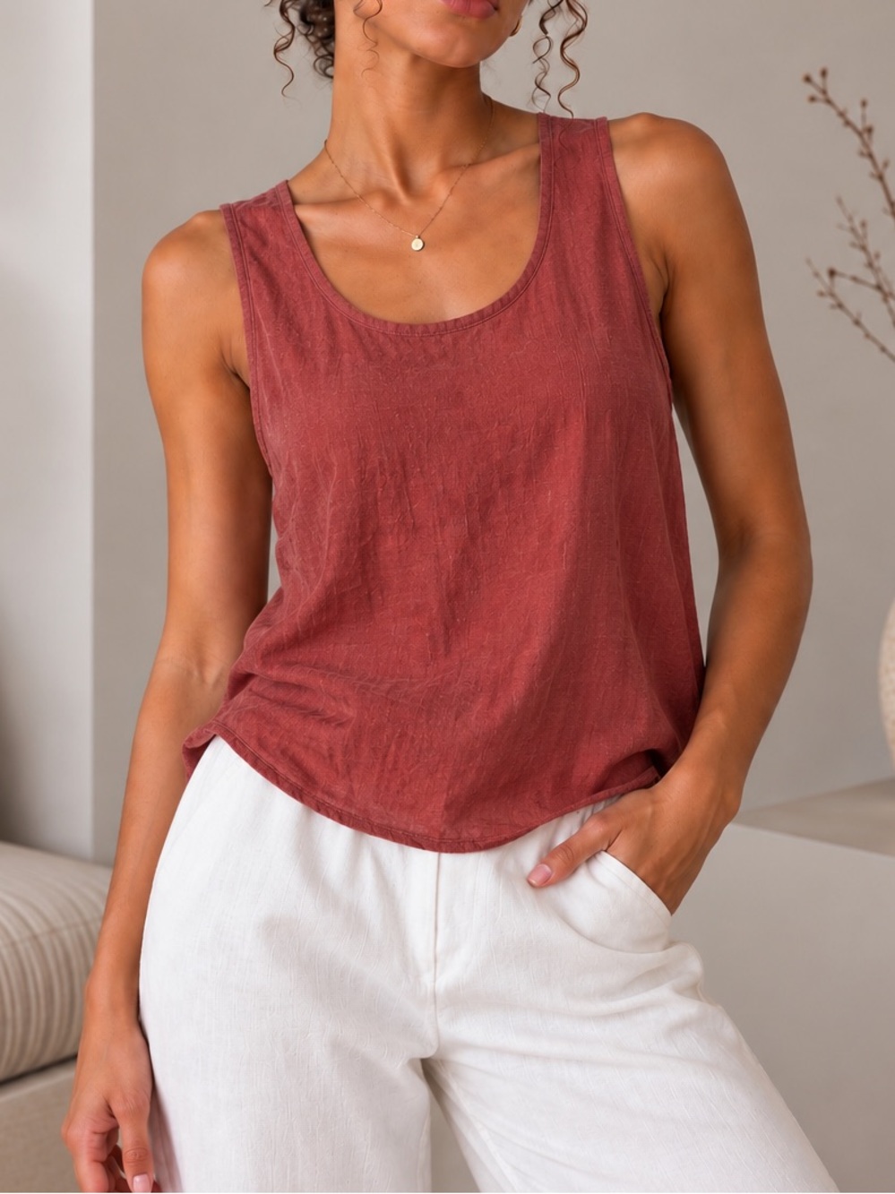 Sleeveless 100% Silk Scoop Neck Tank Top - Rust